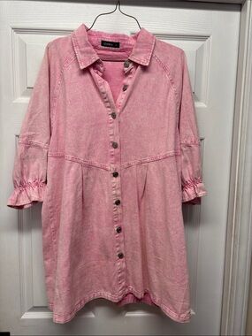 Izuria Denim Mineral Washed Boho Pink Button-Front Dress Medium